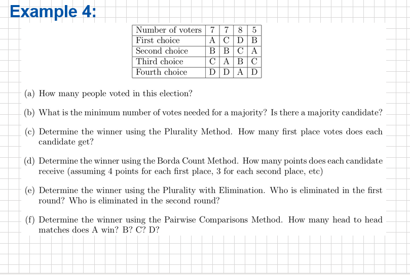 Example 4: Number of voters 7 7 8 5 First choice