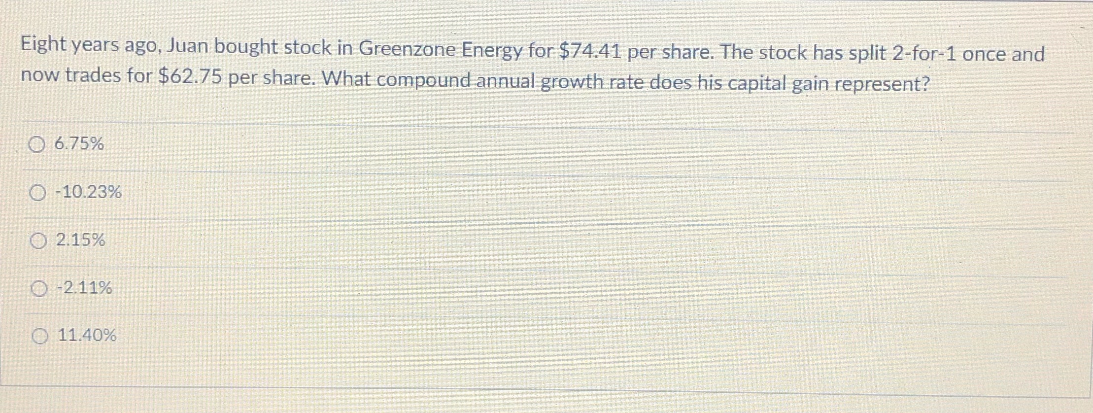 Eight years ago, Juan bought stock in Greenzone