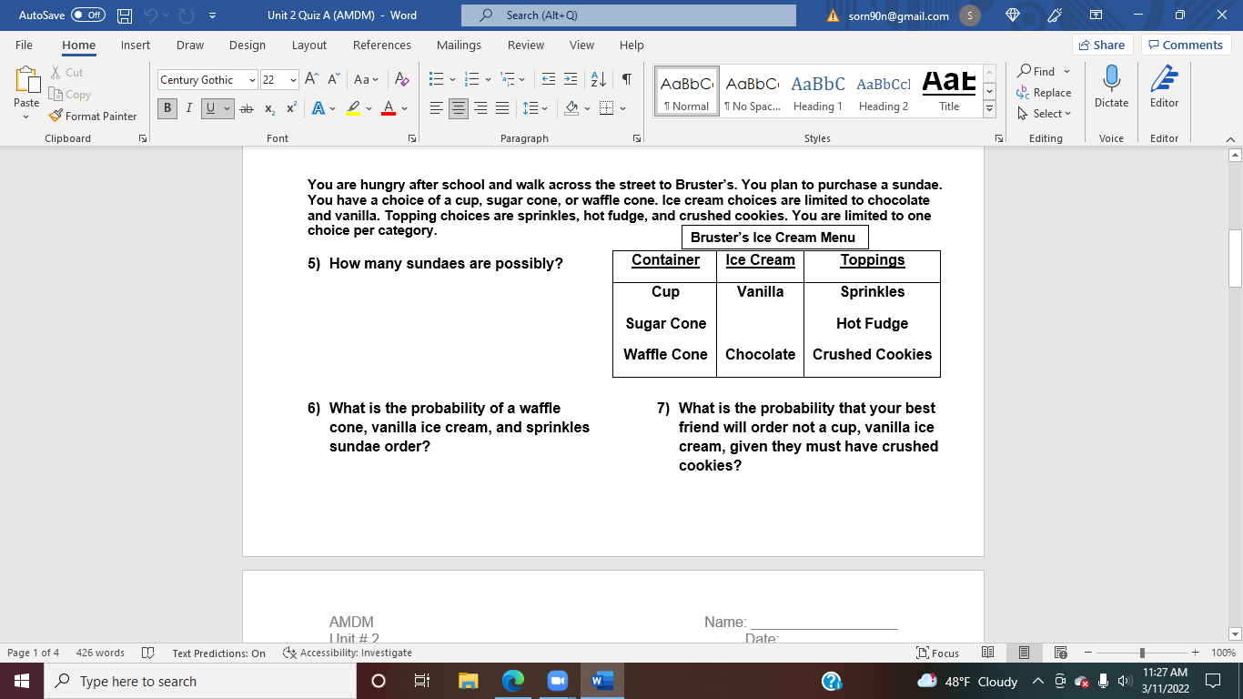 AutoSave O Off) Unit 2 Quiz A (AMDM) - Word