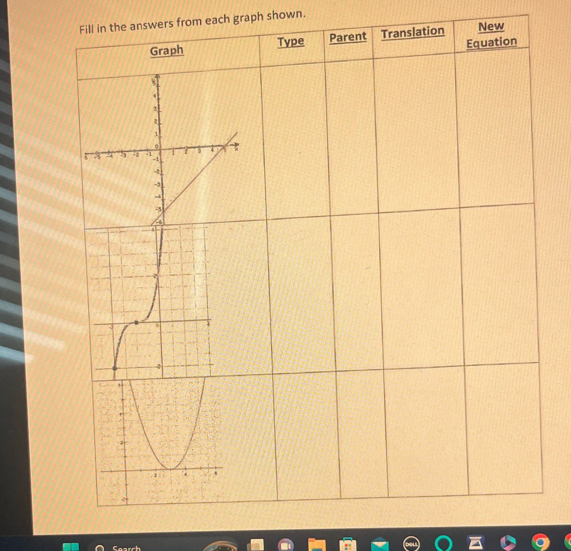 Fill in the answers from each graph shown. Graph