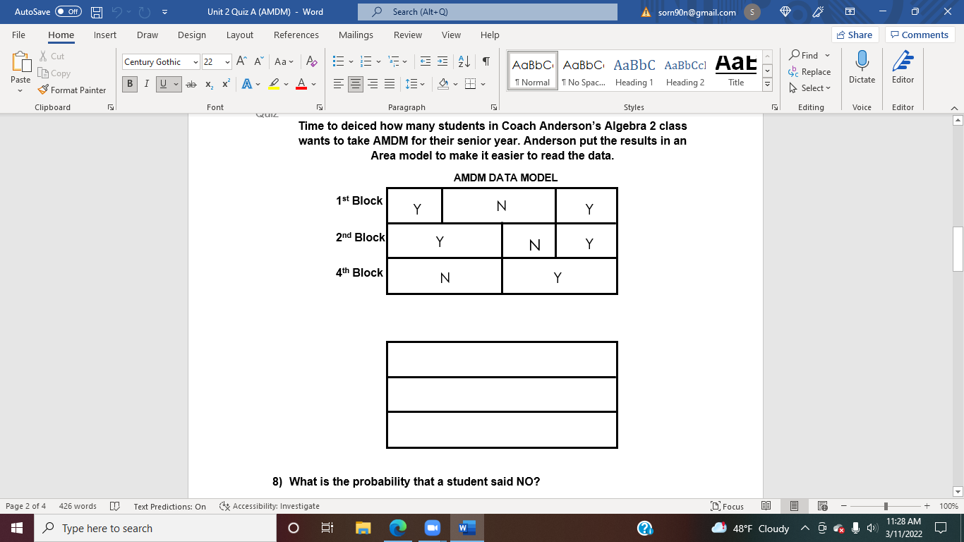 AutoSave O Off) Unit 2 Quiz A (AMDM) - Word