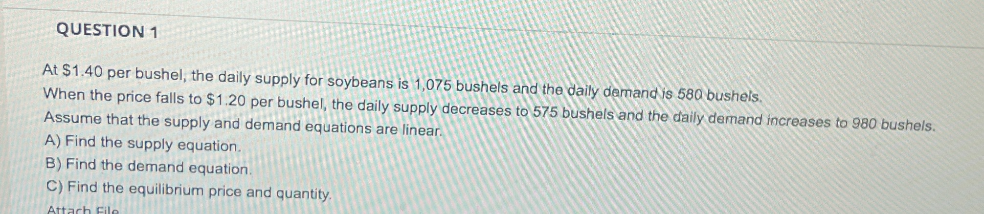 QUESTION 1 At $1.40 per bushel, the daily supply