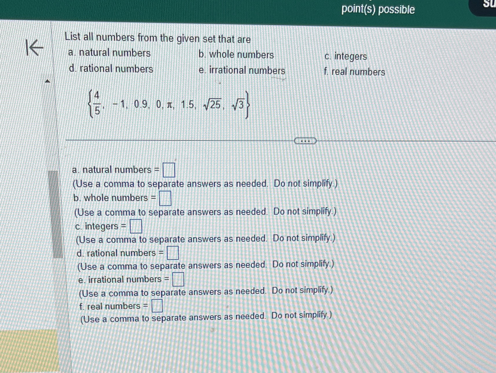 point(s) possible SU K List all numbers from the