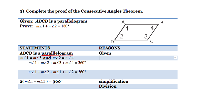 3) Complete the proof of the Consecutive Angles