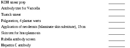 KOH smear prep Antibody titer for Varicella