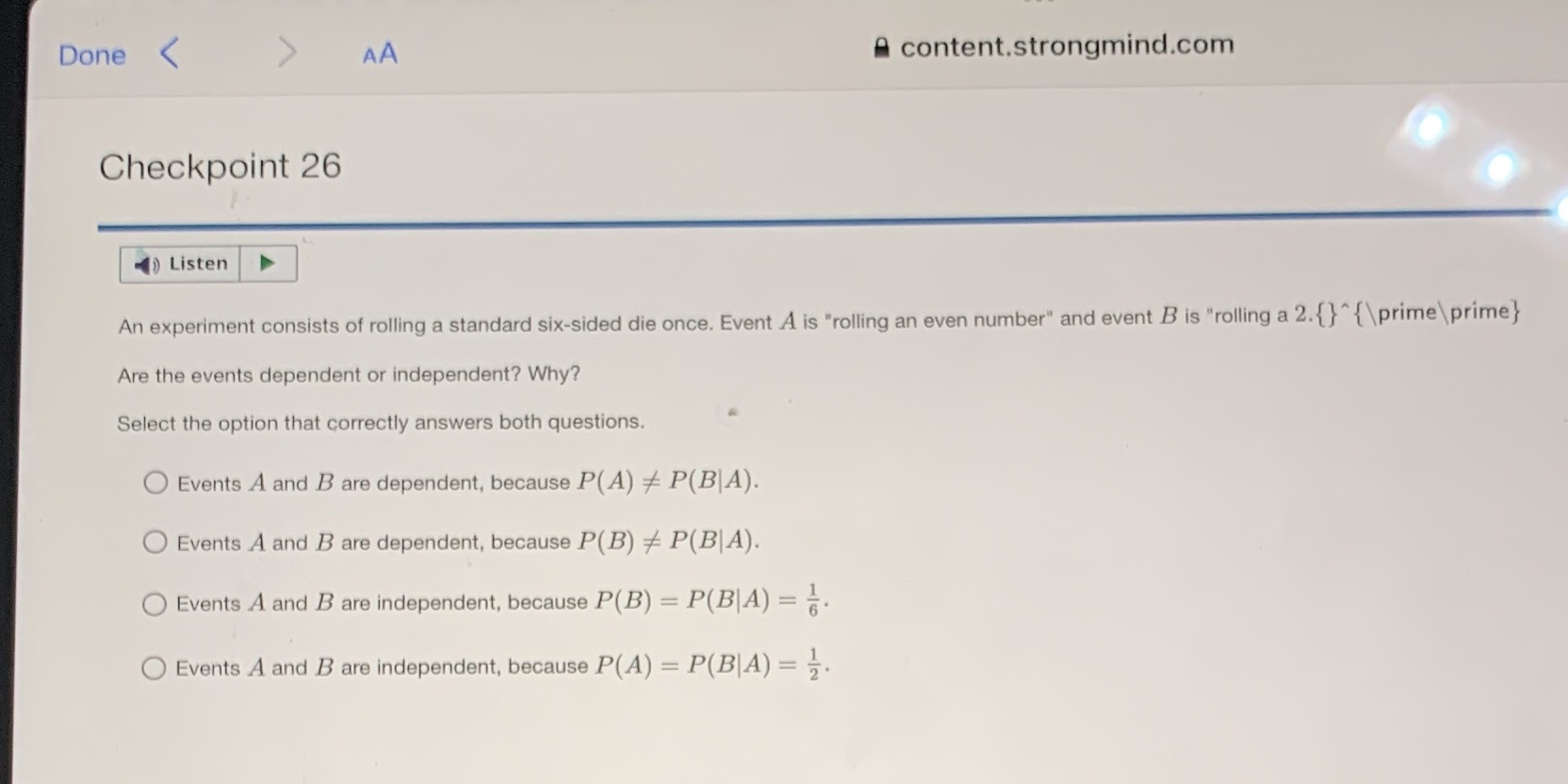 Done < AA A content.strongmind.com Checkpoint 26