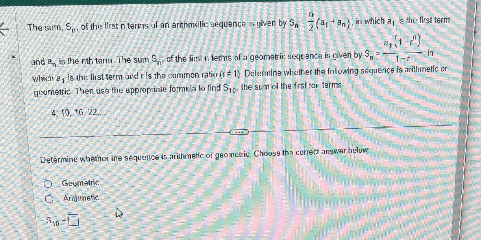The sum, So, of the first n terms of an