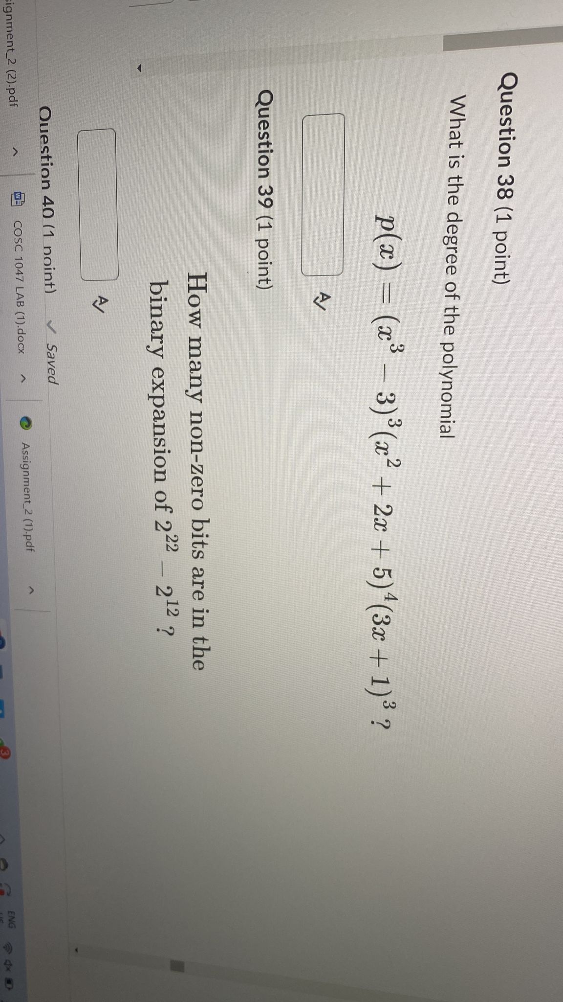 Question 38 (1 point) What is the degree of the