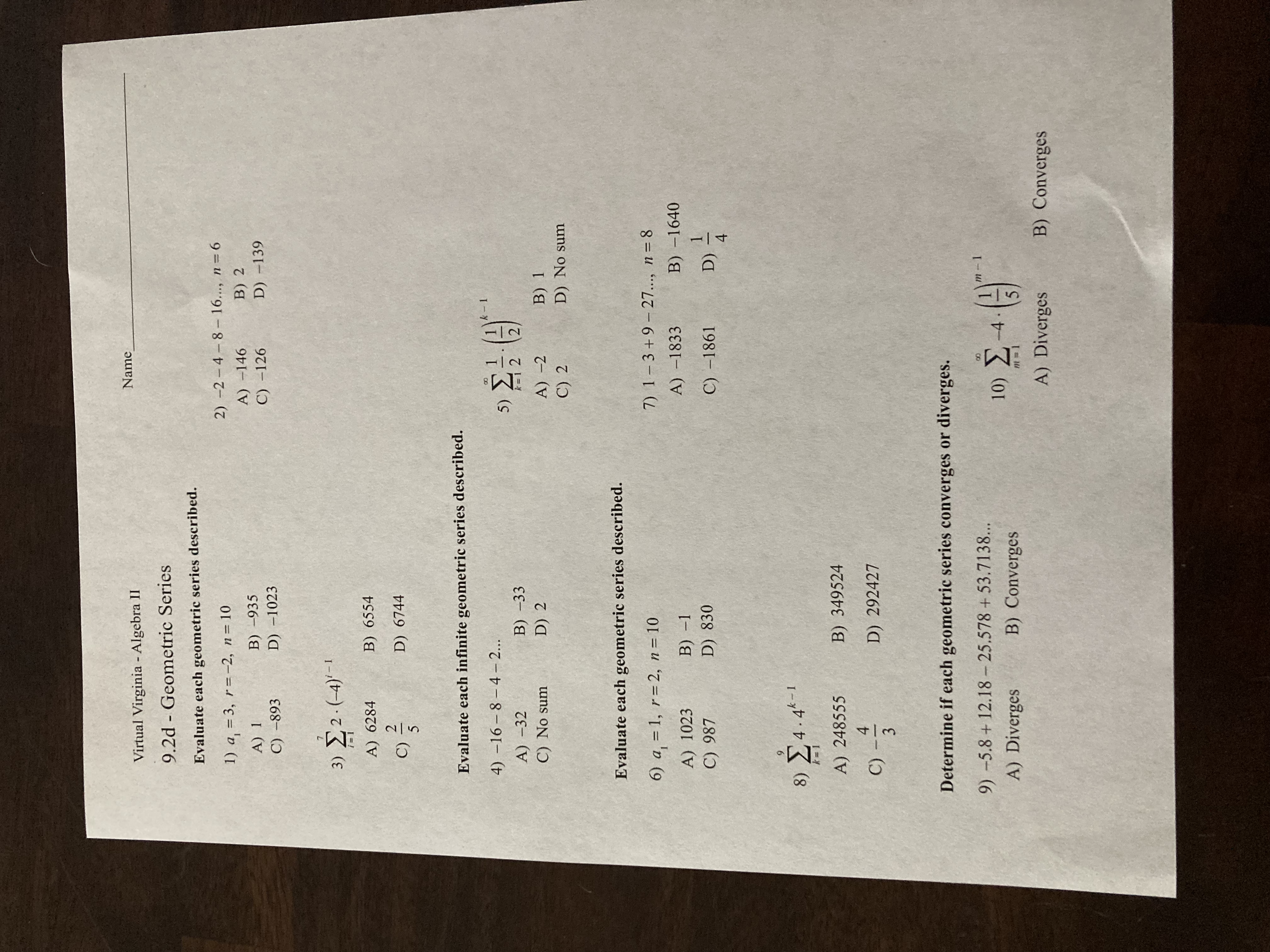 Virtual Virginia - Algebra II Name 9.2d -