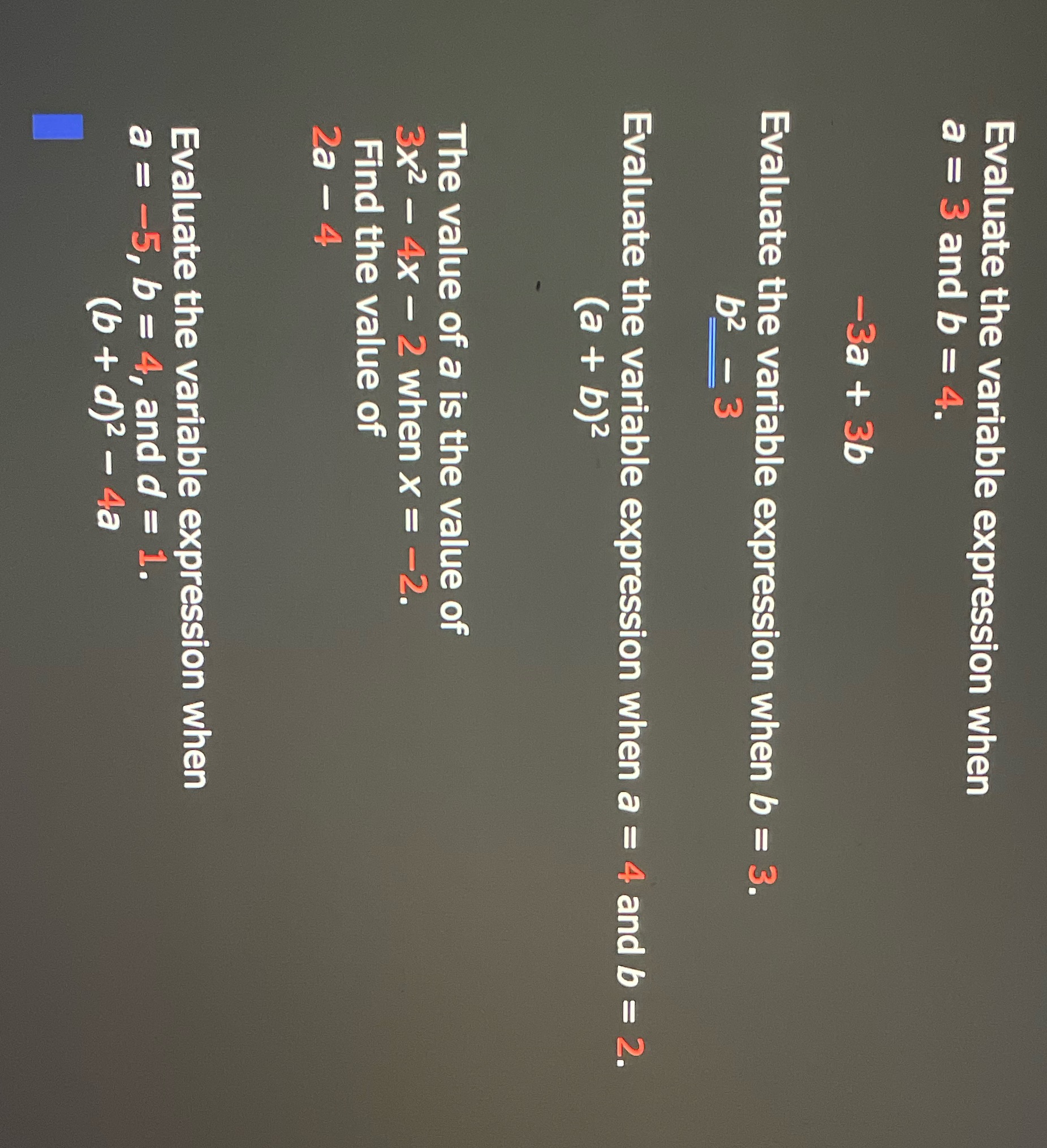 Evaluate the variable expression when a = 3 and b