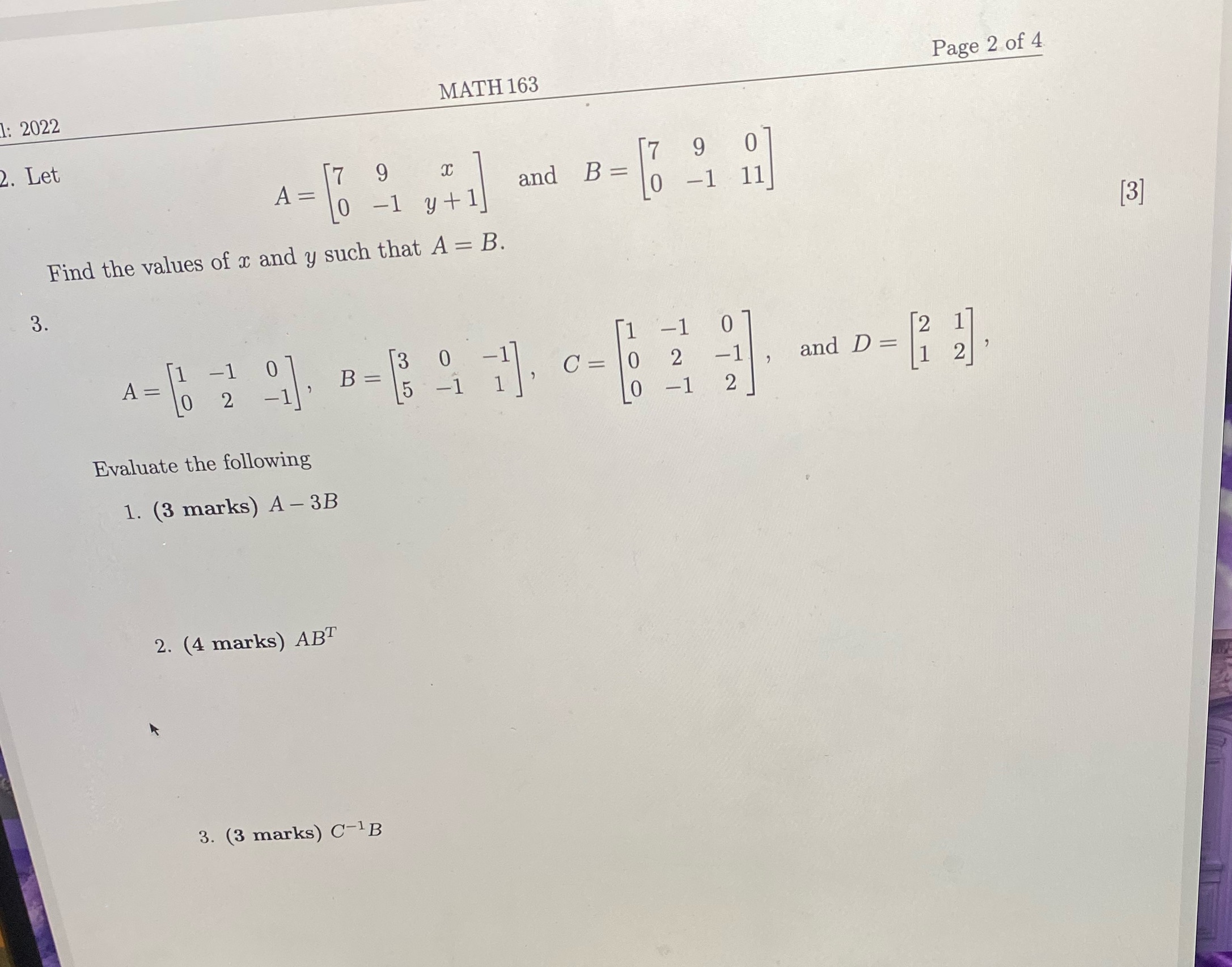 Page 2 of 4 1: 2022 MATH 163 . Let O and B = 9 -1