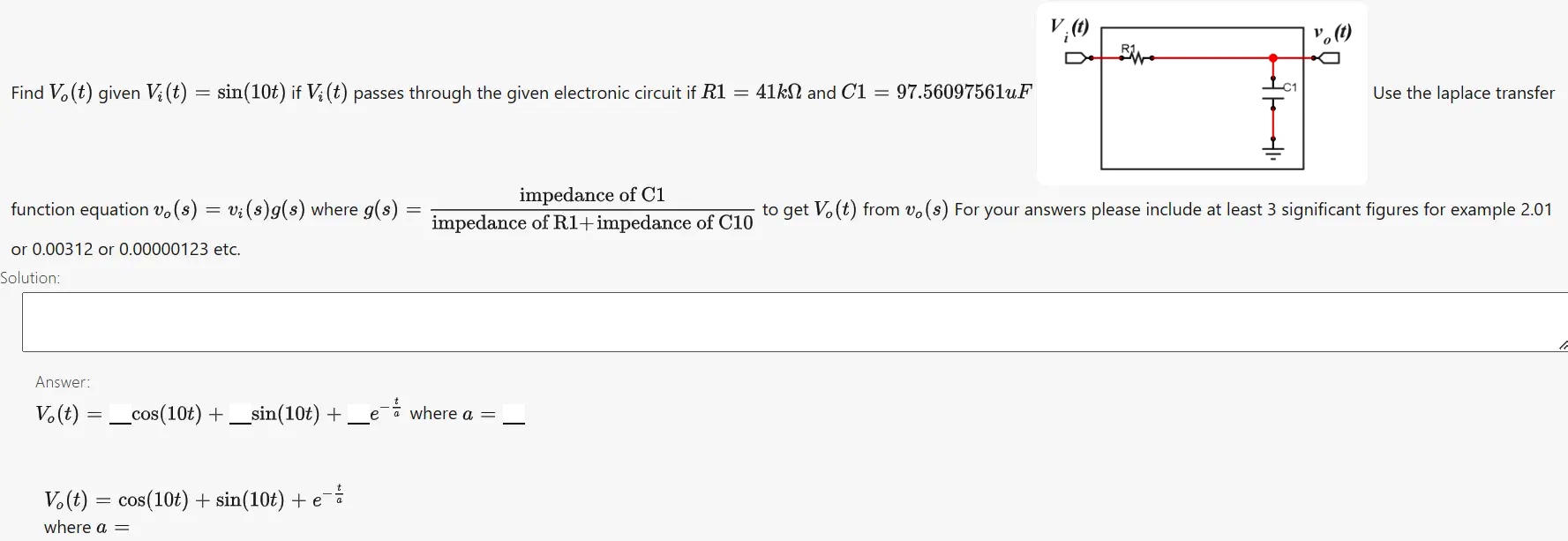 Find Va(t) given V.(t) = sin(10t) if V.(t) passes