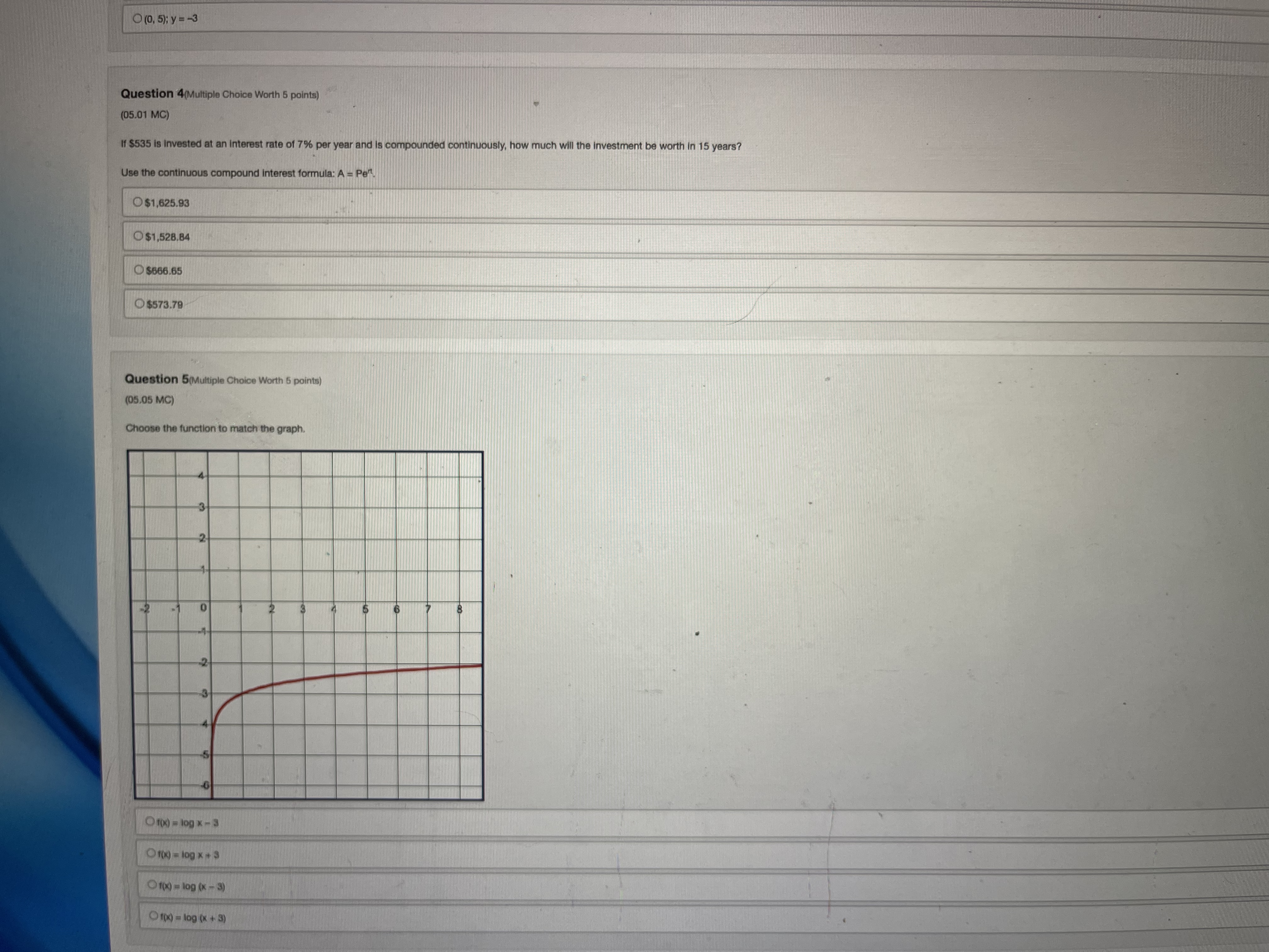 O (0, 5); y = -3 Question 4(Multiple Choice Worth