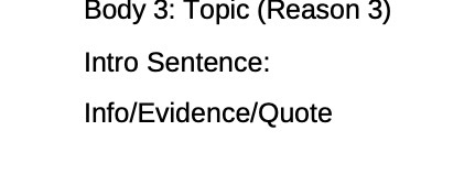 Body 3: Topic (Reason 3) Intro Sentence: