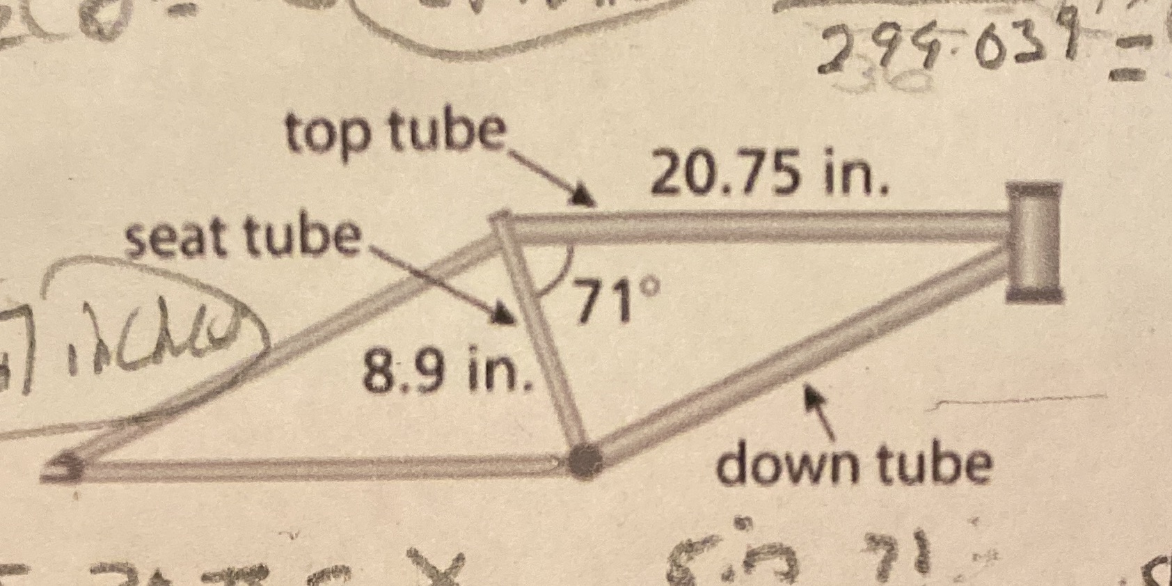 A bike frame has a top tube of 20.75 inches, a