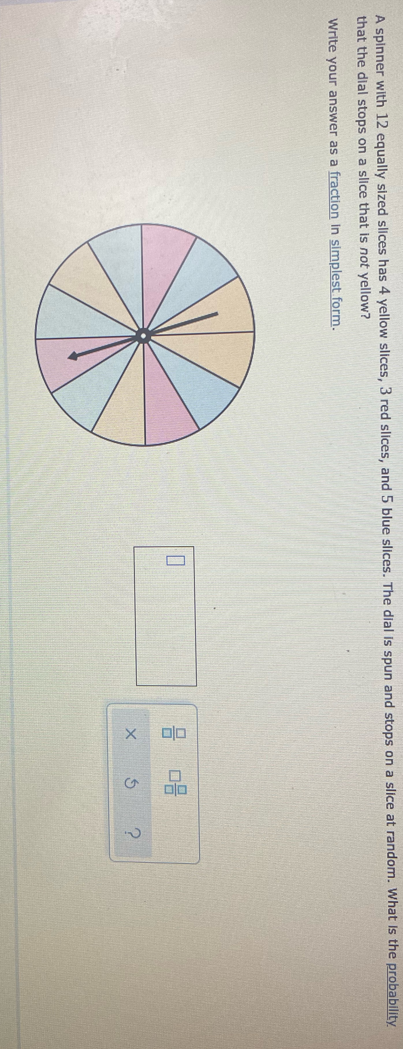 A spinner with 12 equally sized slices has 4