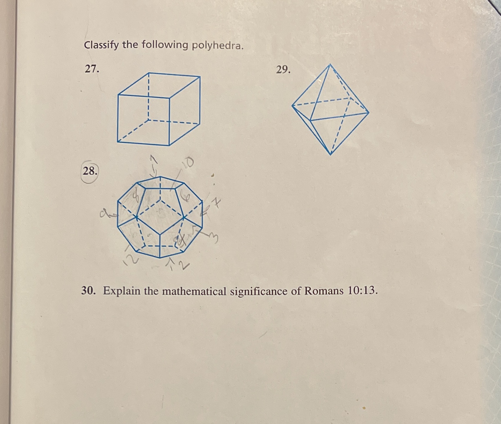 Classify the following polyhedra. 27. 29. 28. Ch