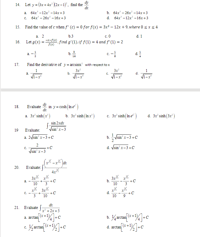 14. Let y= (3x + 4x] [2x -1) , find the av a. 64x