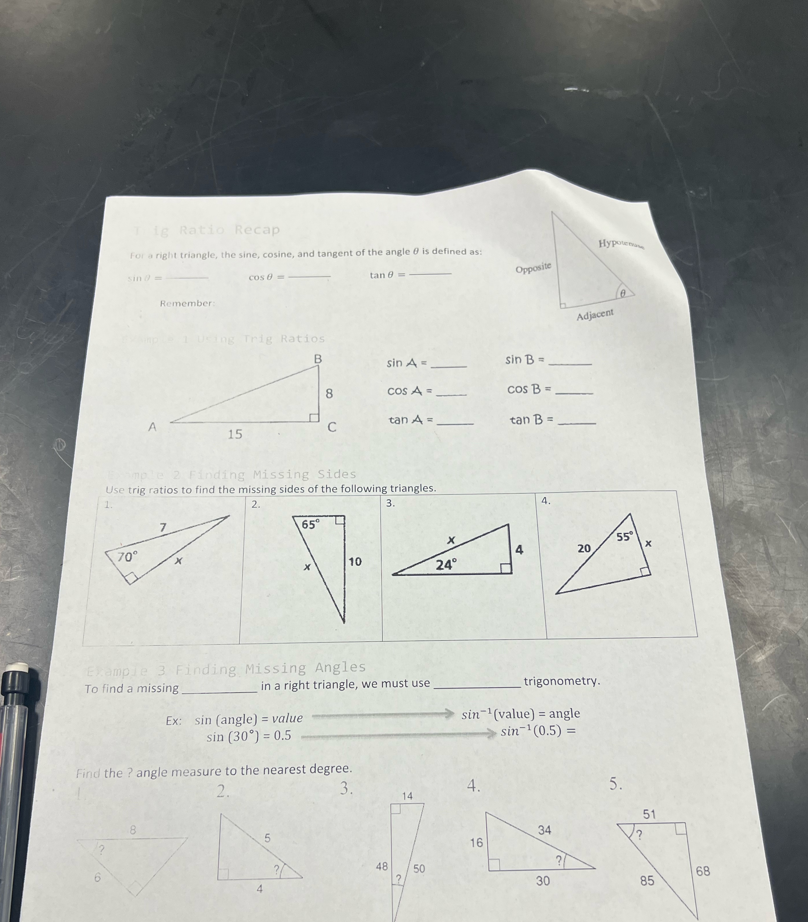 ig Ratio Recap For a right triangle, the sine,