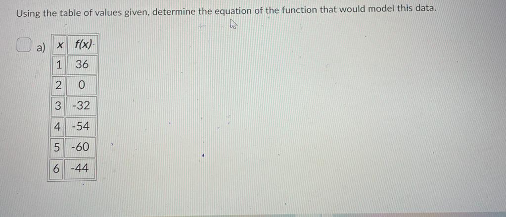 Using the table of values given, determine the