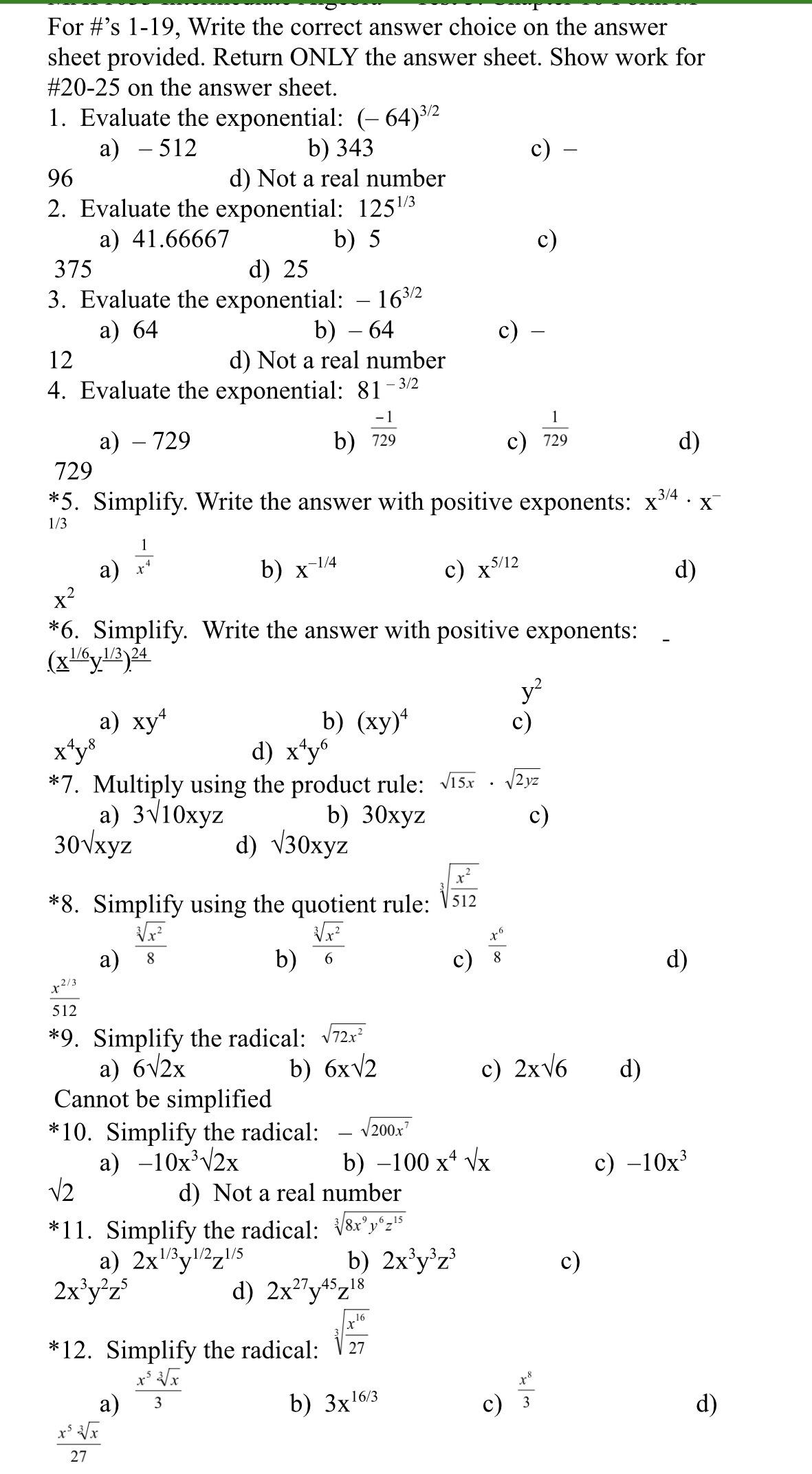 W For #'s 1-19, Write the correct answer choice