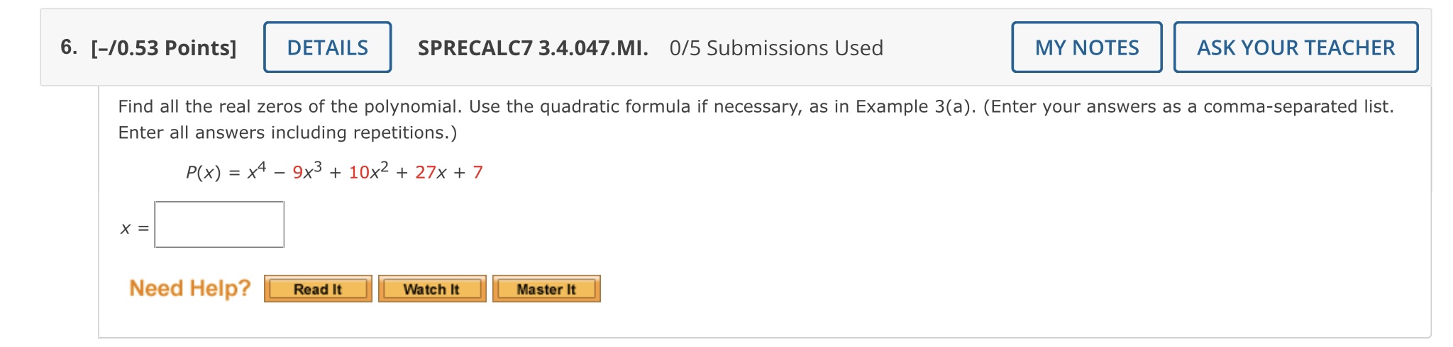 9. [l0.53 Points] DETAILS SPRECALC7 3.7.008. 0/5