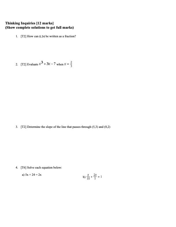 Thinking Inquiries [12 marks] (Show complete