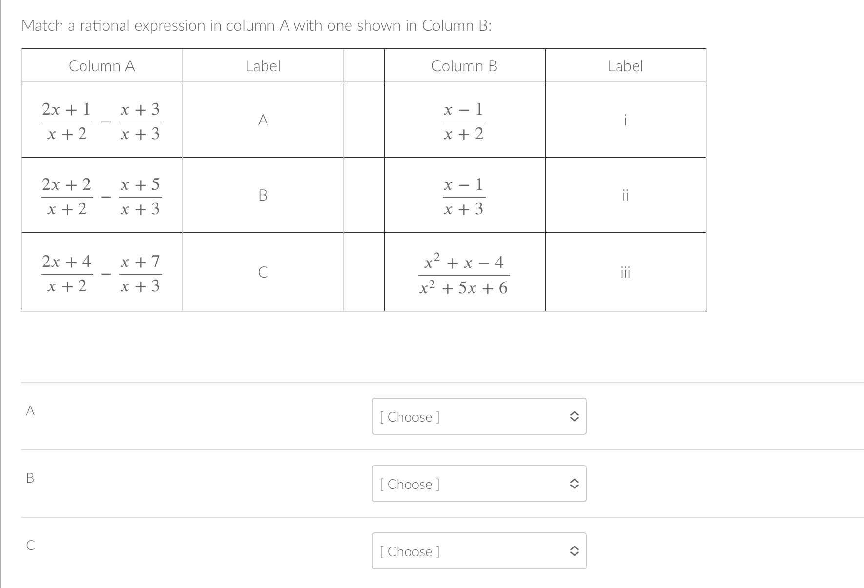 Match a rational expression in column A with one