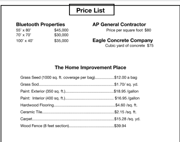 please solve ASAP!! WIll upvote Price List