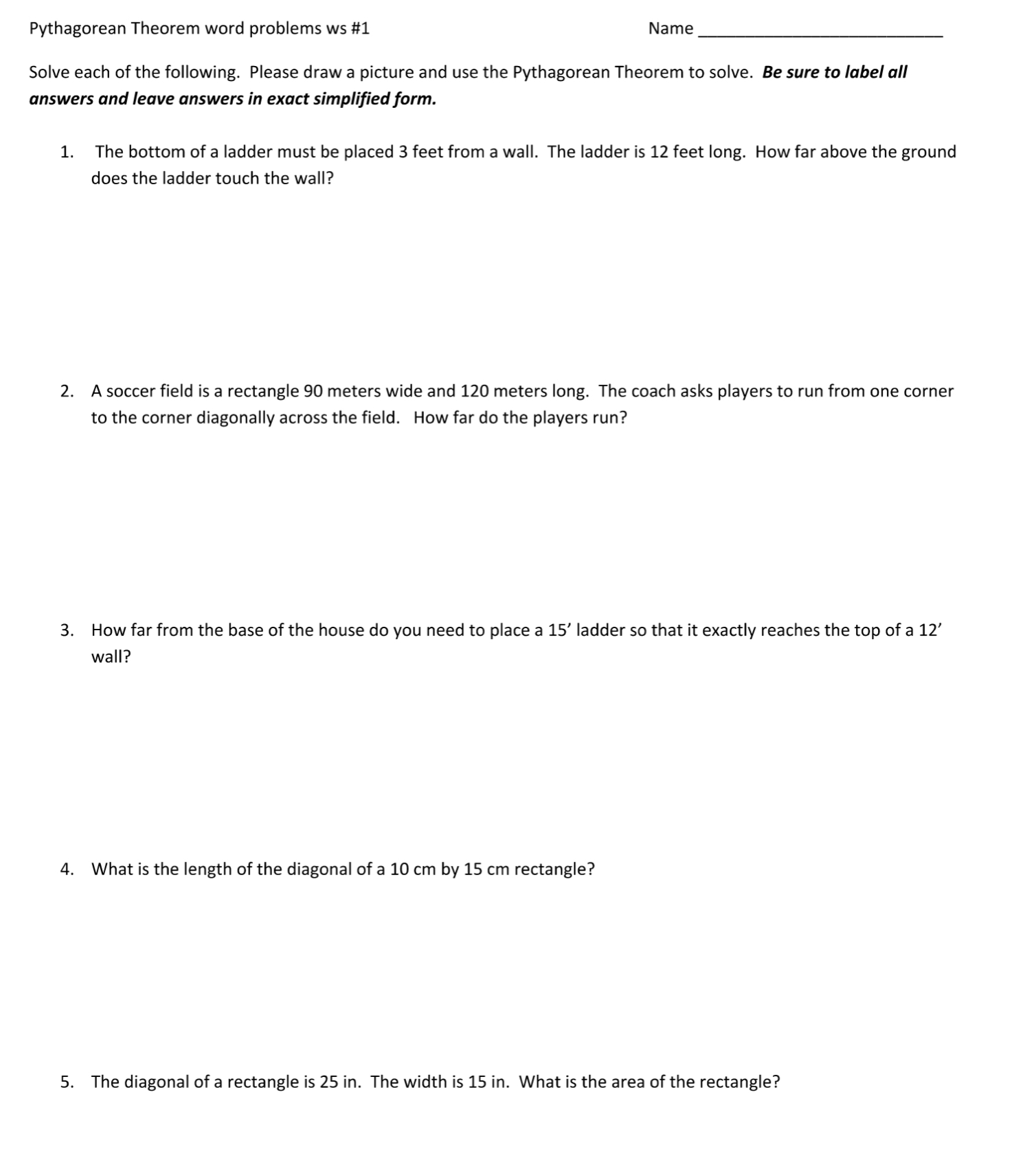 Pythagorean Theorem word problems ws #1 Name
