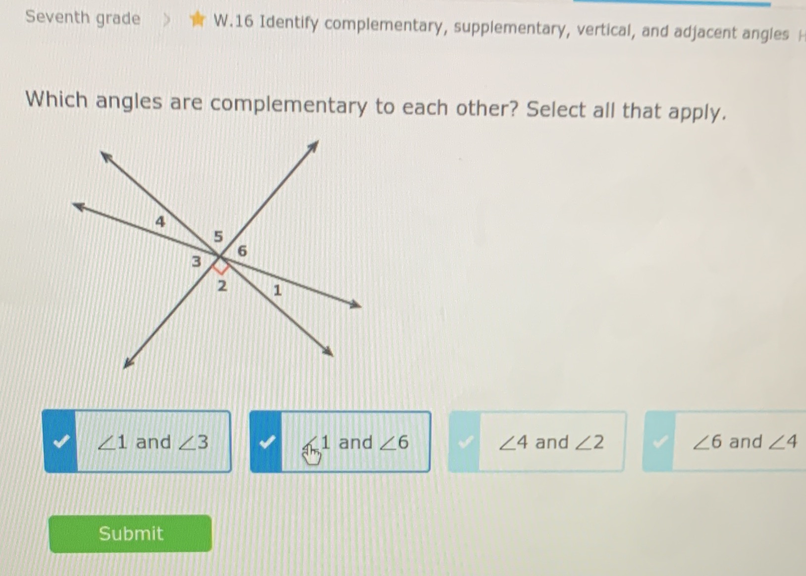 Seventh grade W.16 Identify complementary,