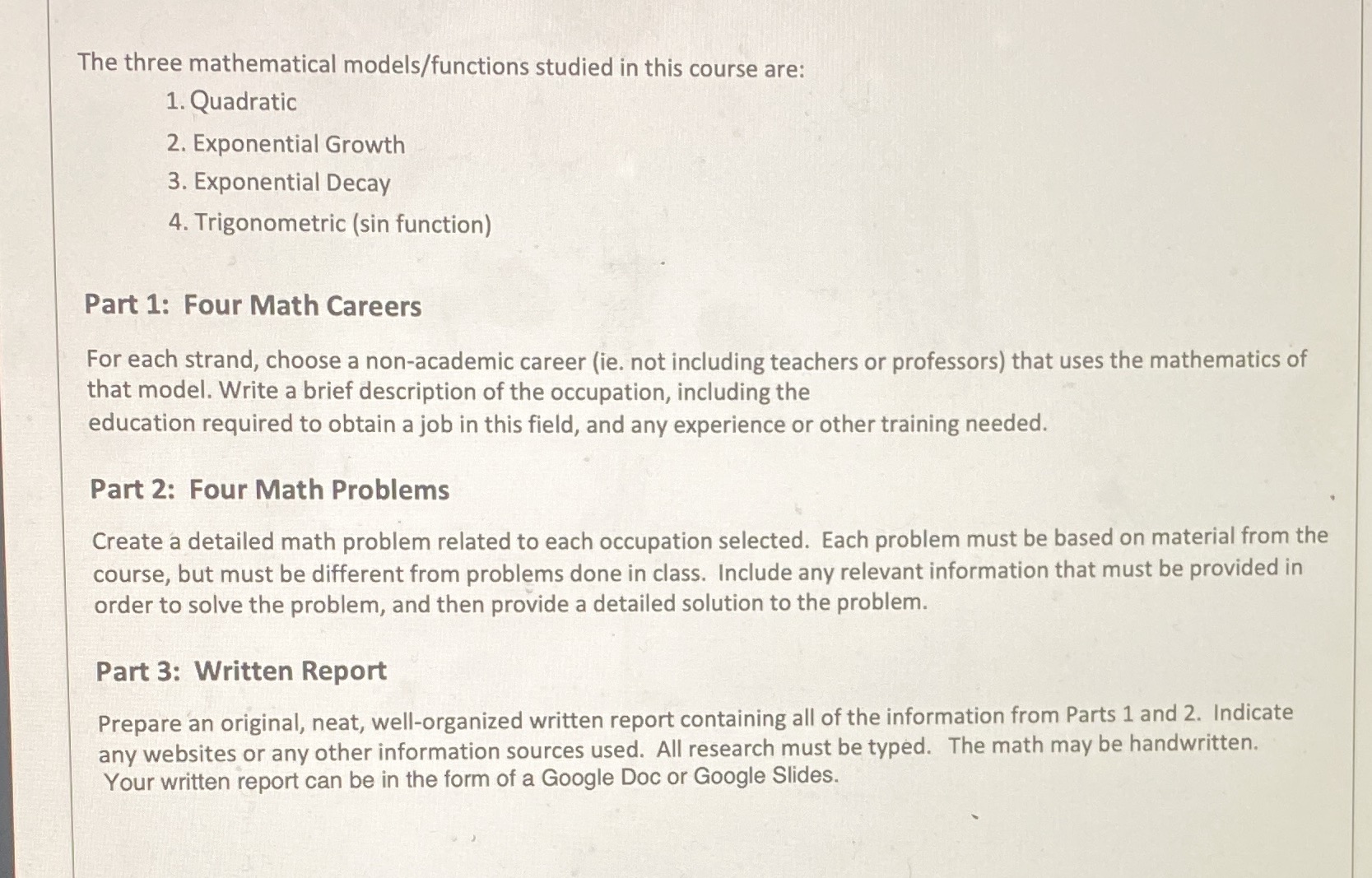 The three mathematical models/functions studied