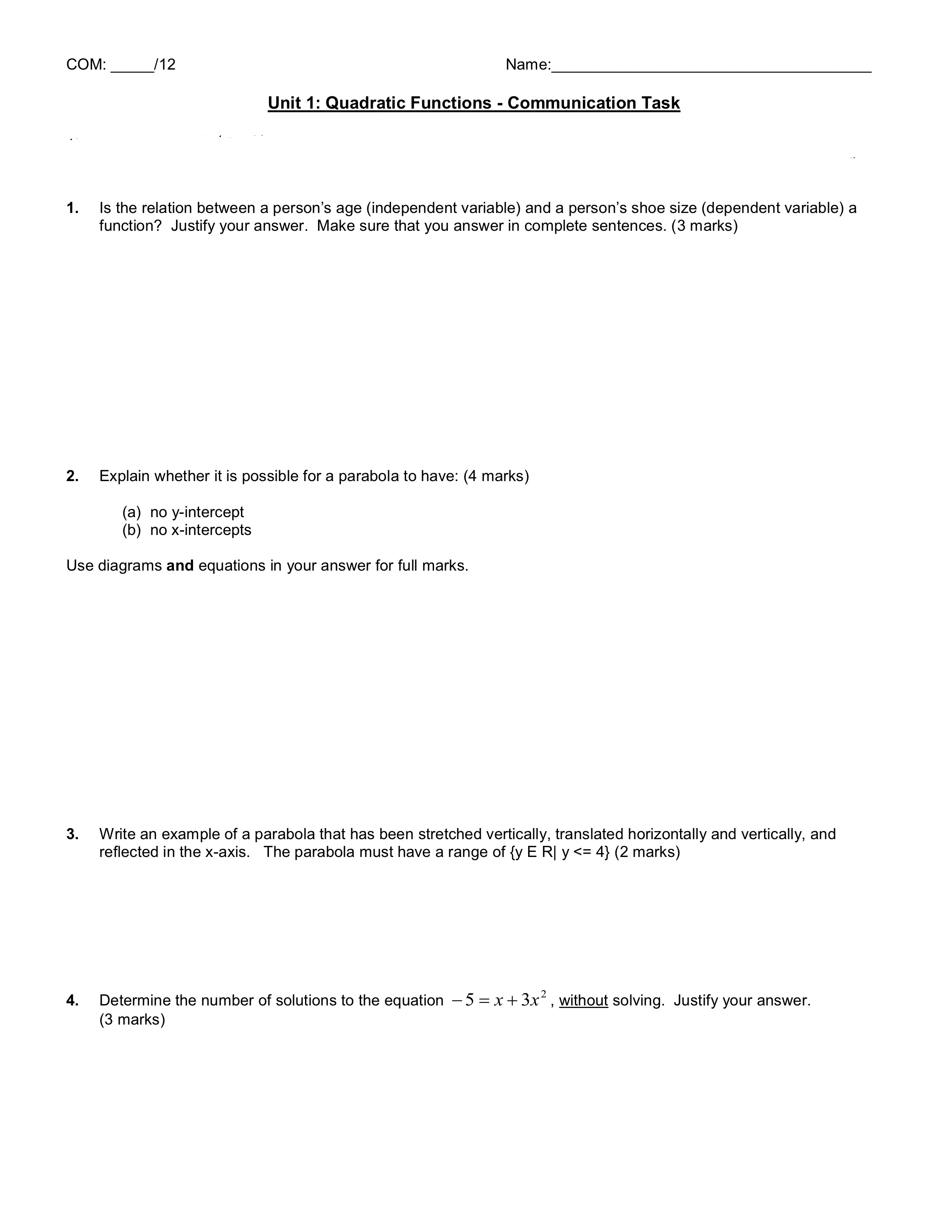 COM: /12 Name: Unit 1: Quadratic Functions -