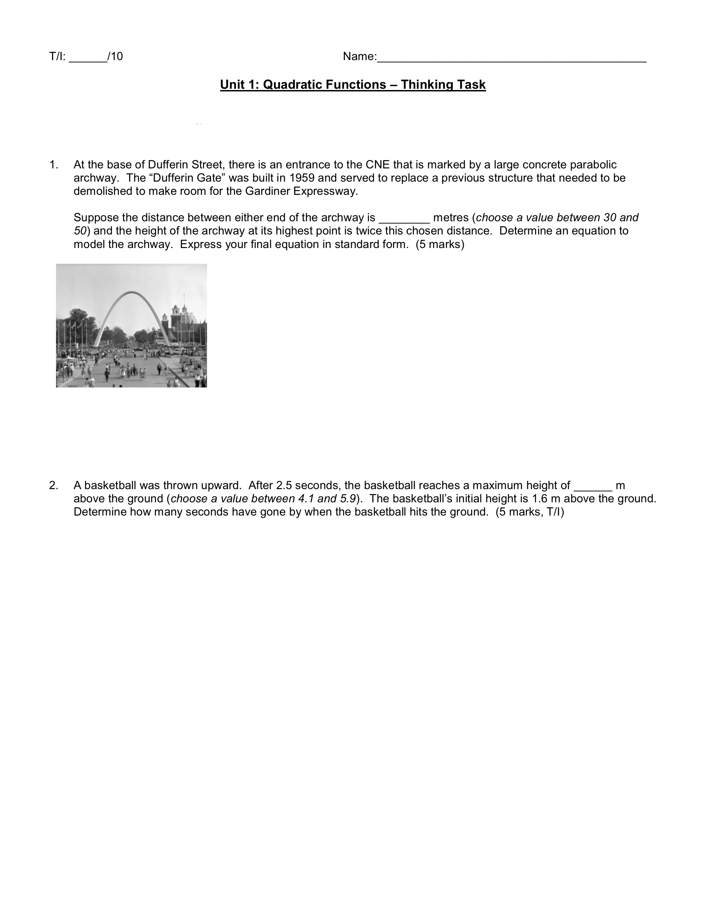 COM: /12 Name: Unit 1: Quadratic Functions -