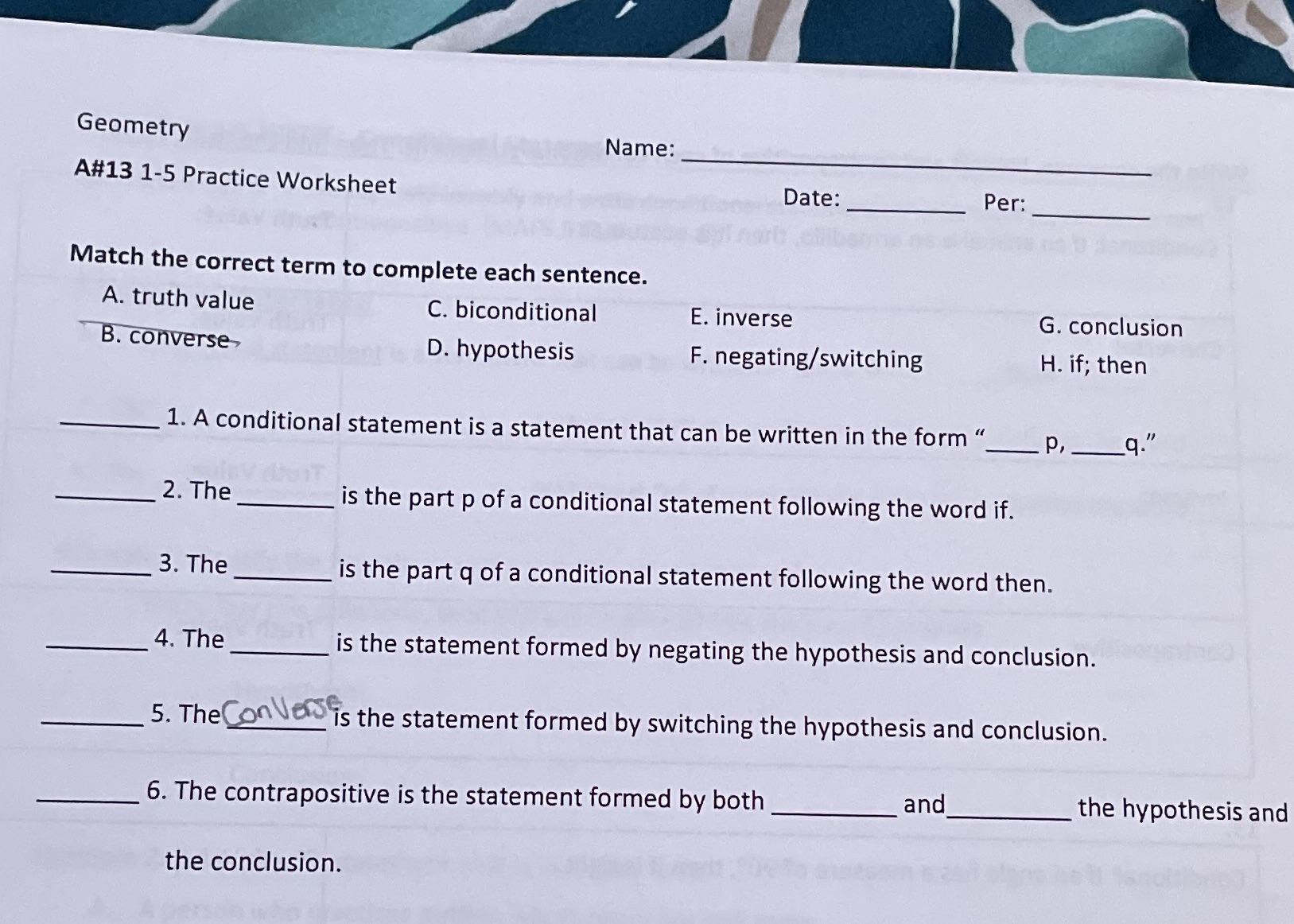 Geometry Name: A#13 1-5 Practice Worksheet Date: