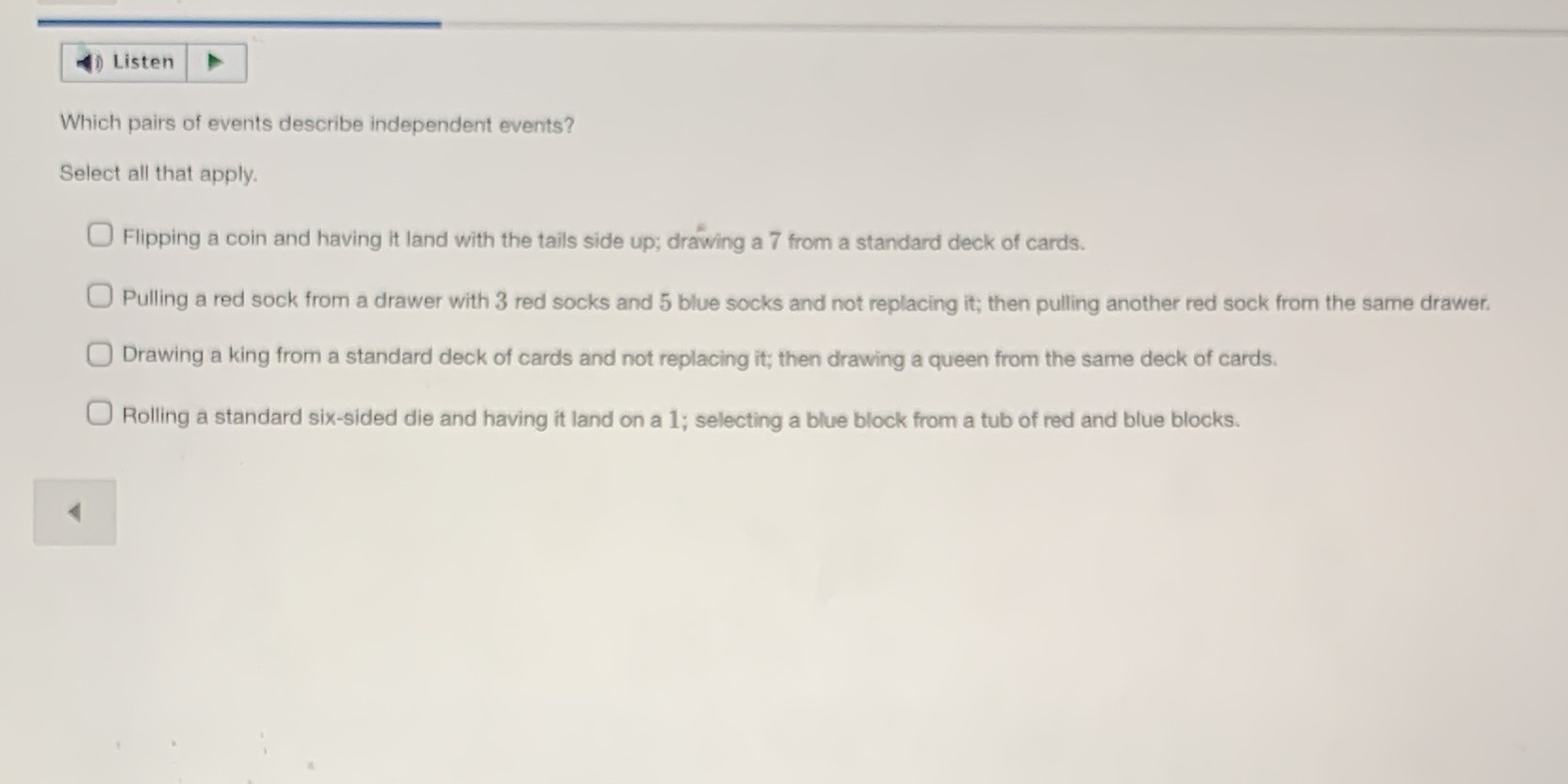 Listen Which pairs of events describe independent