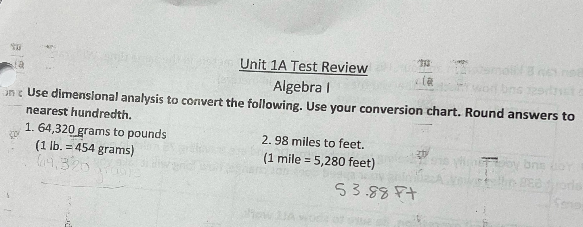 Unit 1A Test Review Algebra I in c Use