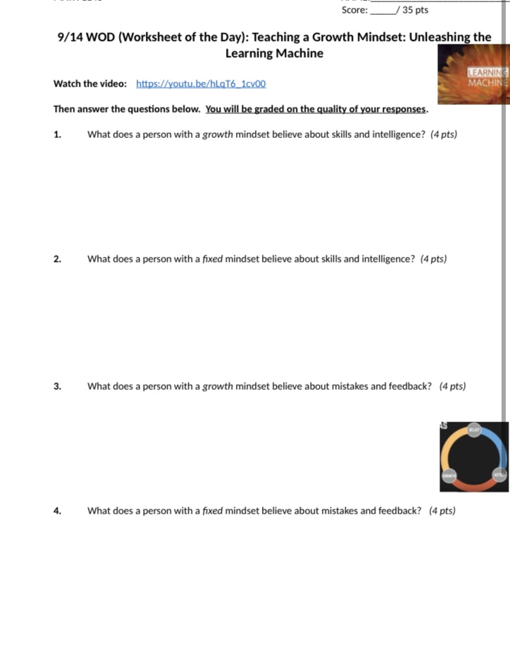 Teaching growth and mindset Score:_ / 35 pts 9/14