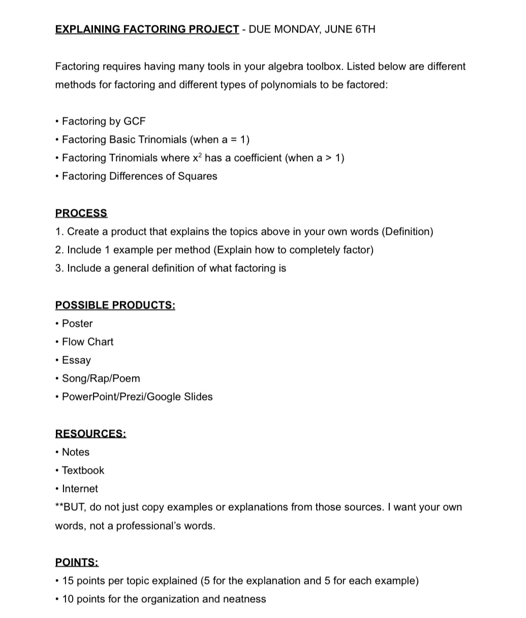 Factoring project please do the ESSAY read from