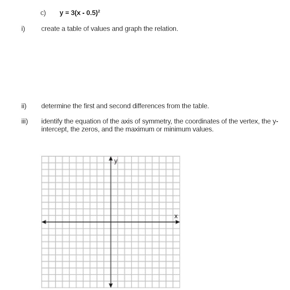 y = 3(x - 0.5)2 c) create a table of values and