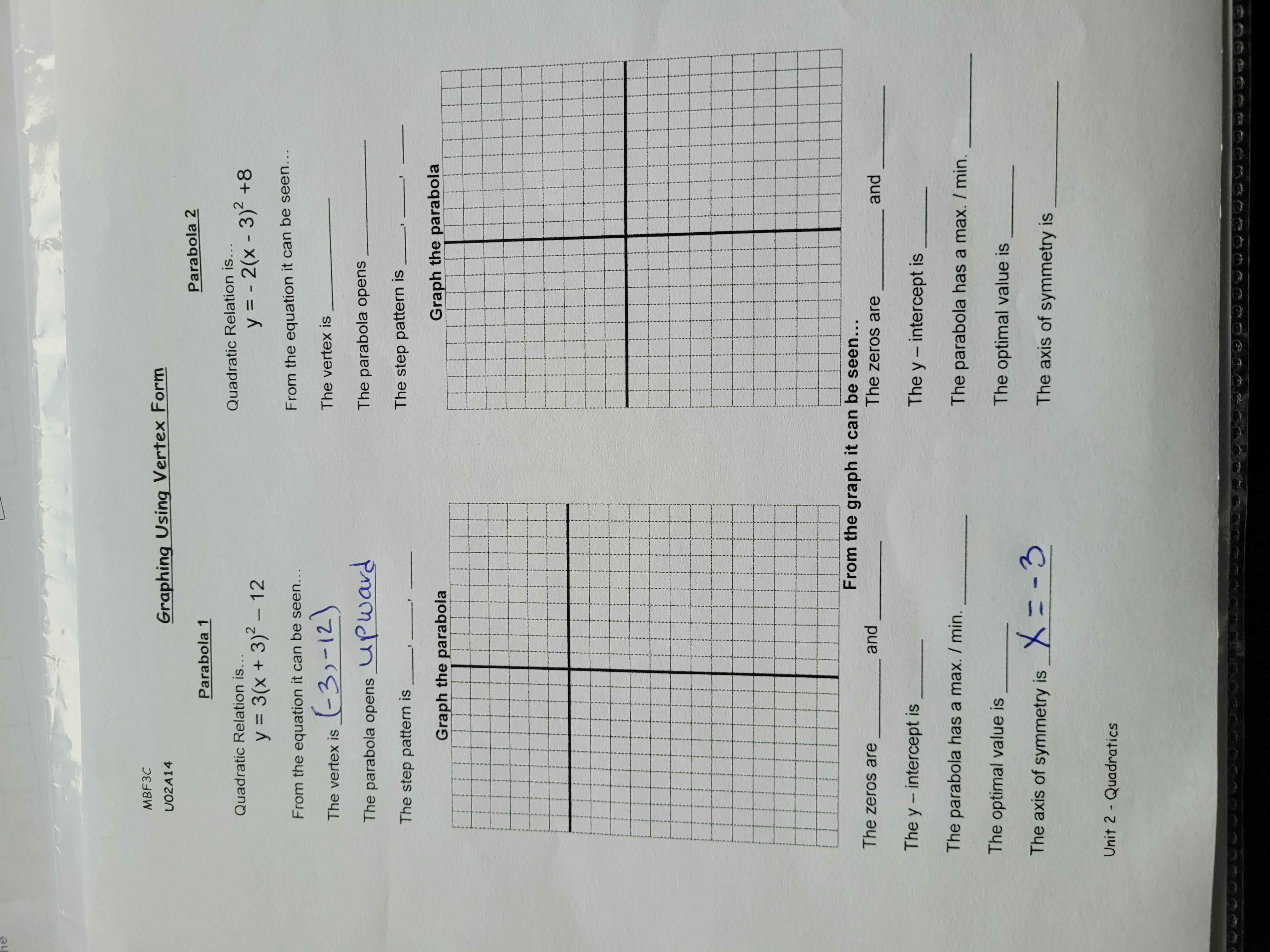 MBF3C U02A14 Graphing Using Vertex Form Parabola
