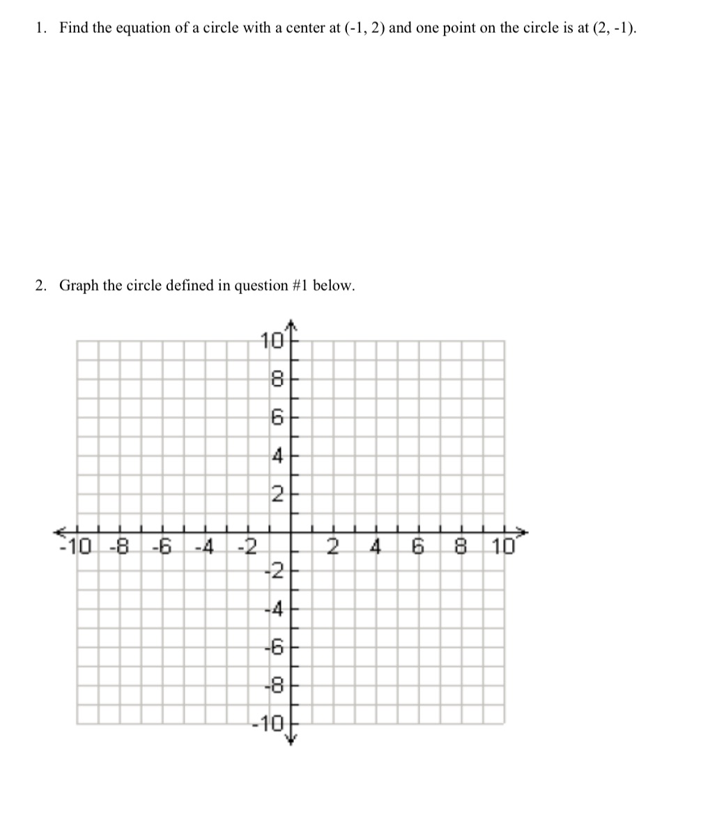 1. Find the equation of a circle with a center at