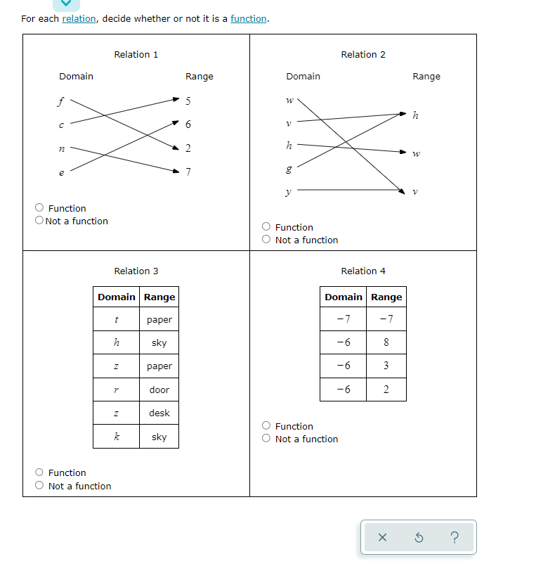 V For each relation, decide whether or not it is