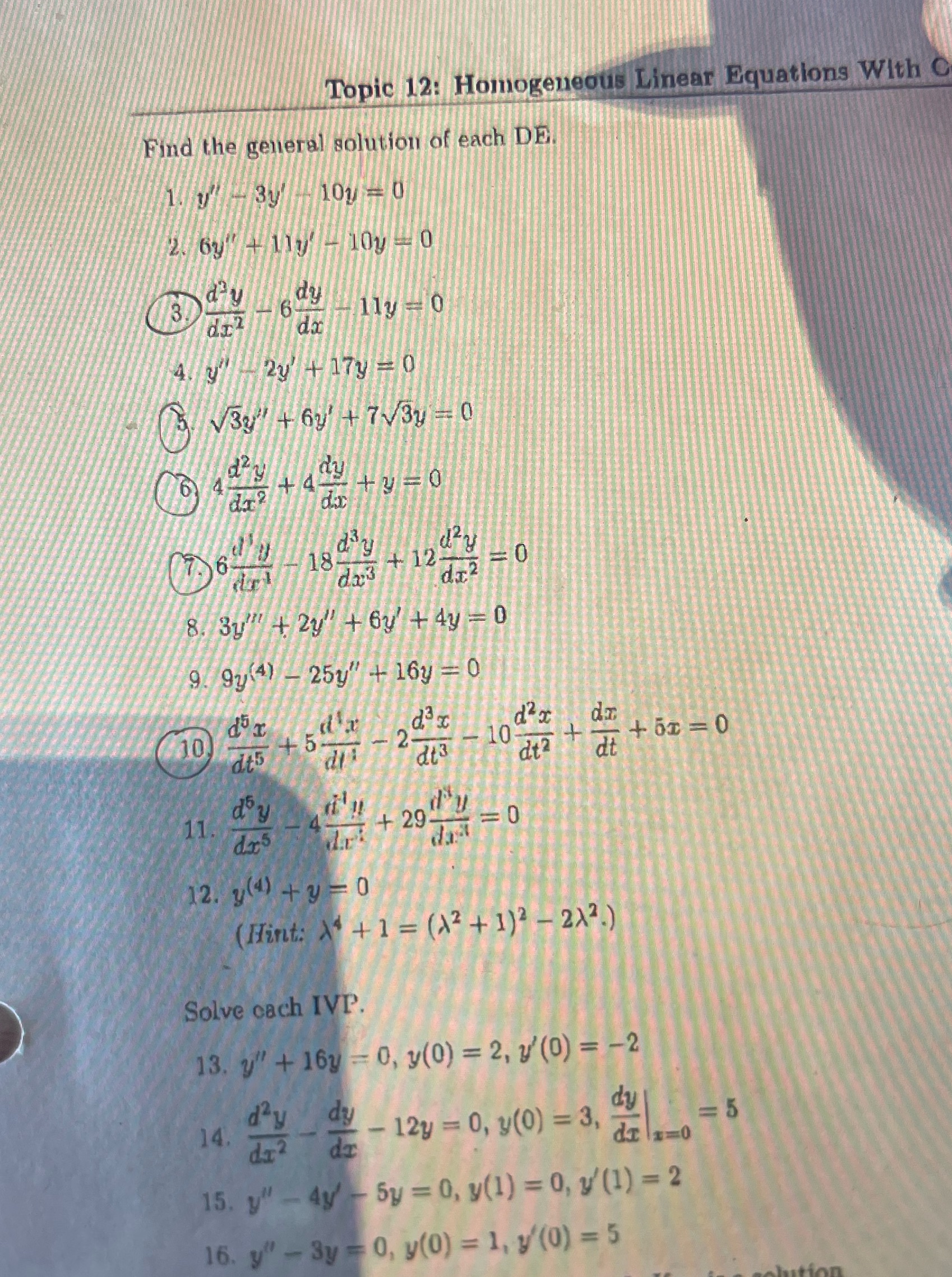 Topic 12: Homogeneous Linear Equations With C