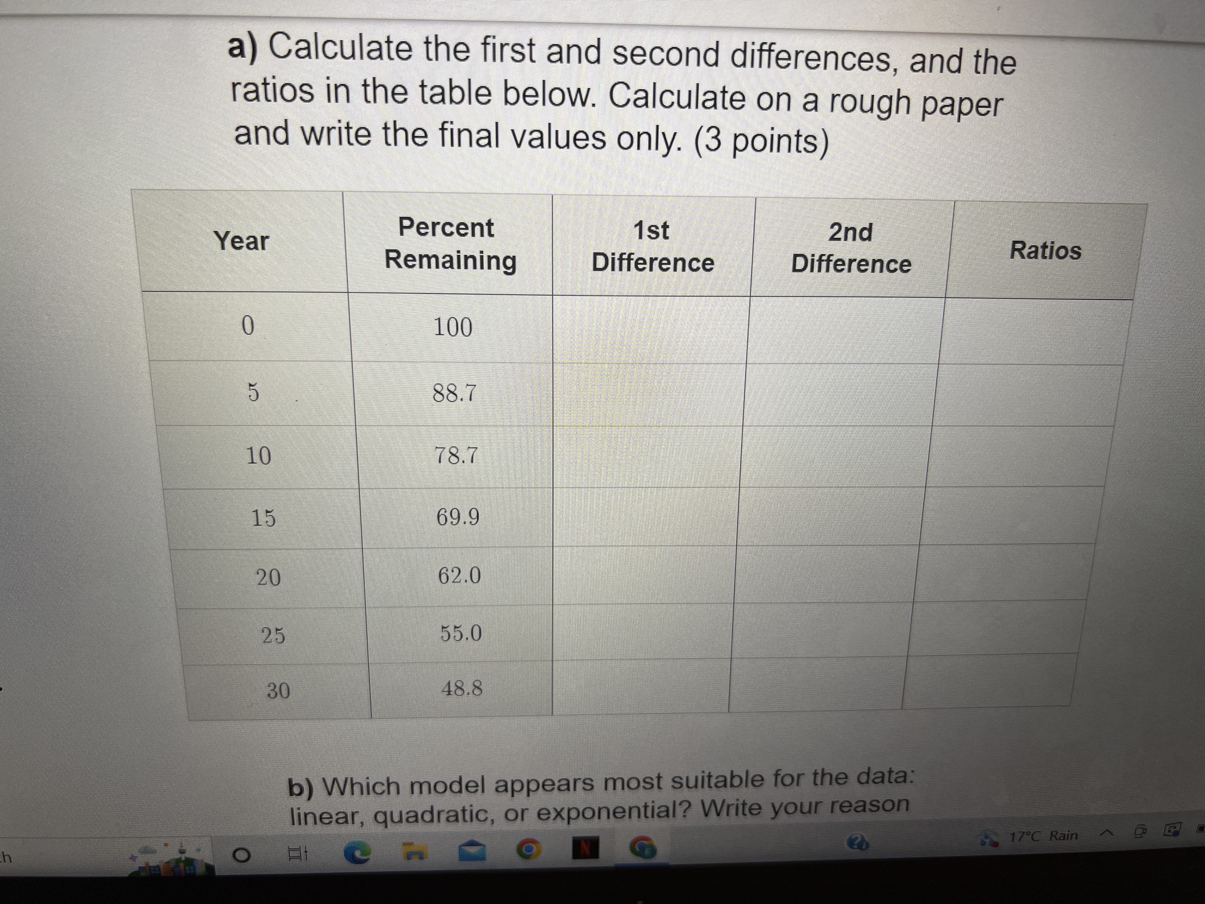 a) Calculate the first and second differences,