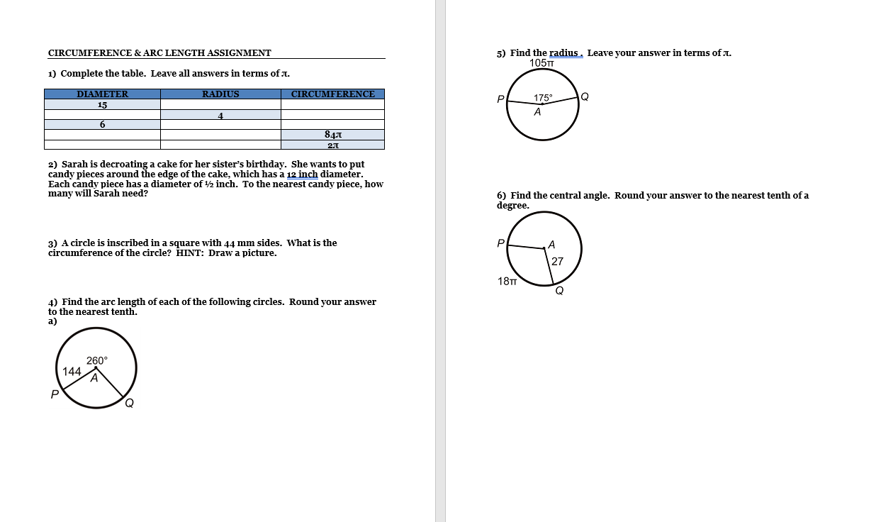 CIRCUMFERENCE & ARC LENGTH ASSIGNMENT 5) Find the