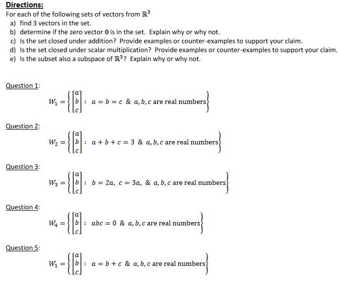 Directions: For each of the following sets of