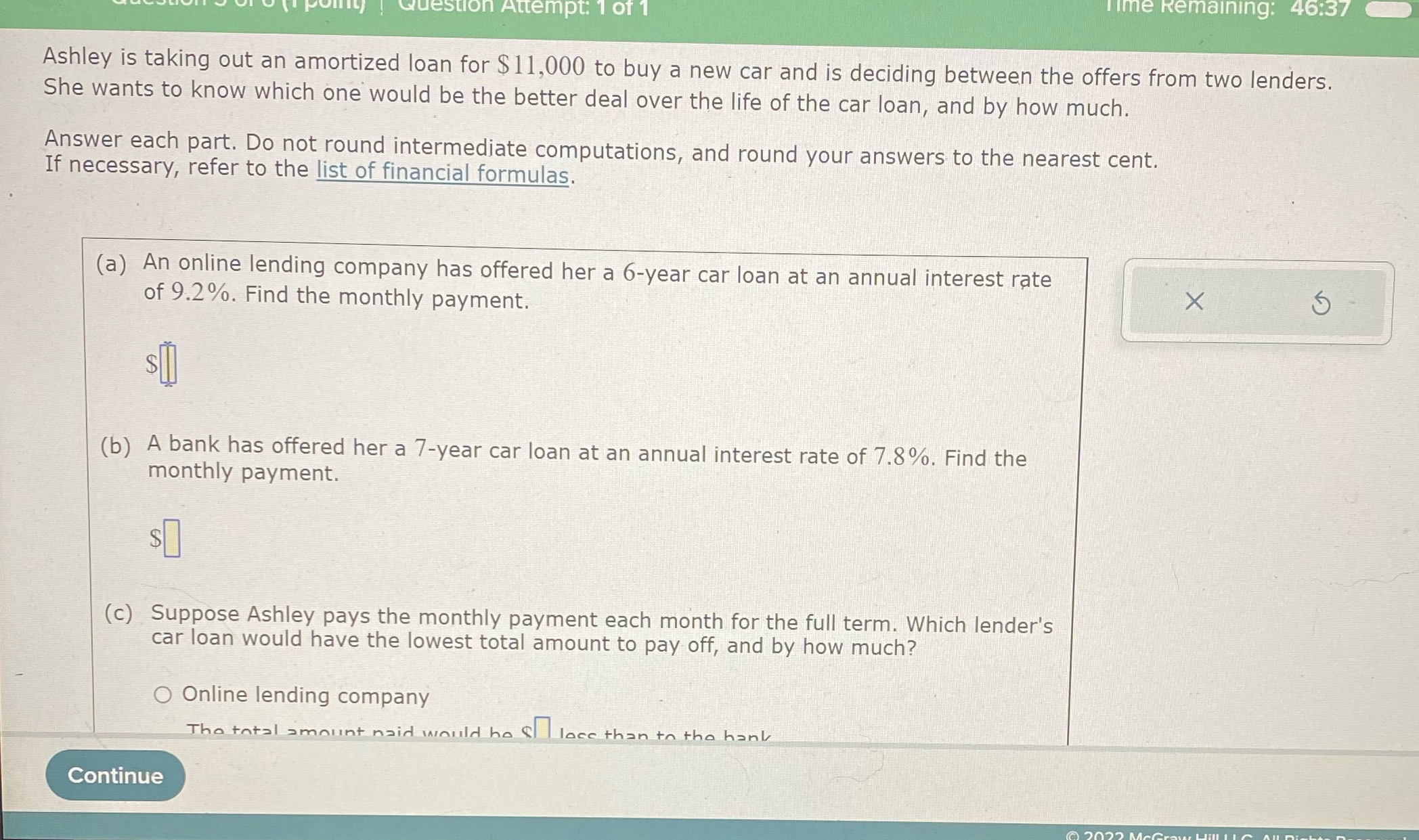 Question Attempt: 1 Of 1 Time Remaining: 46:37