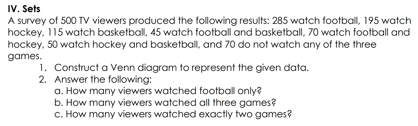 Thankyouuuu IV. Sets A survey of 500 TV viewers
