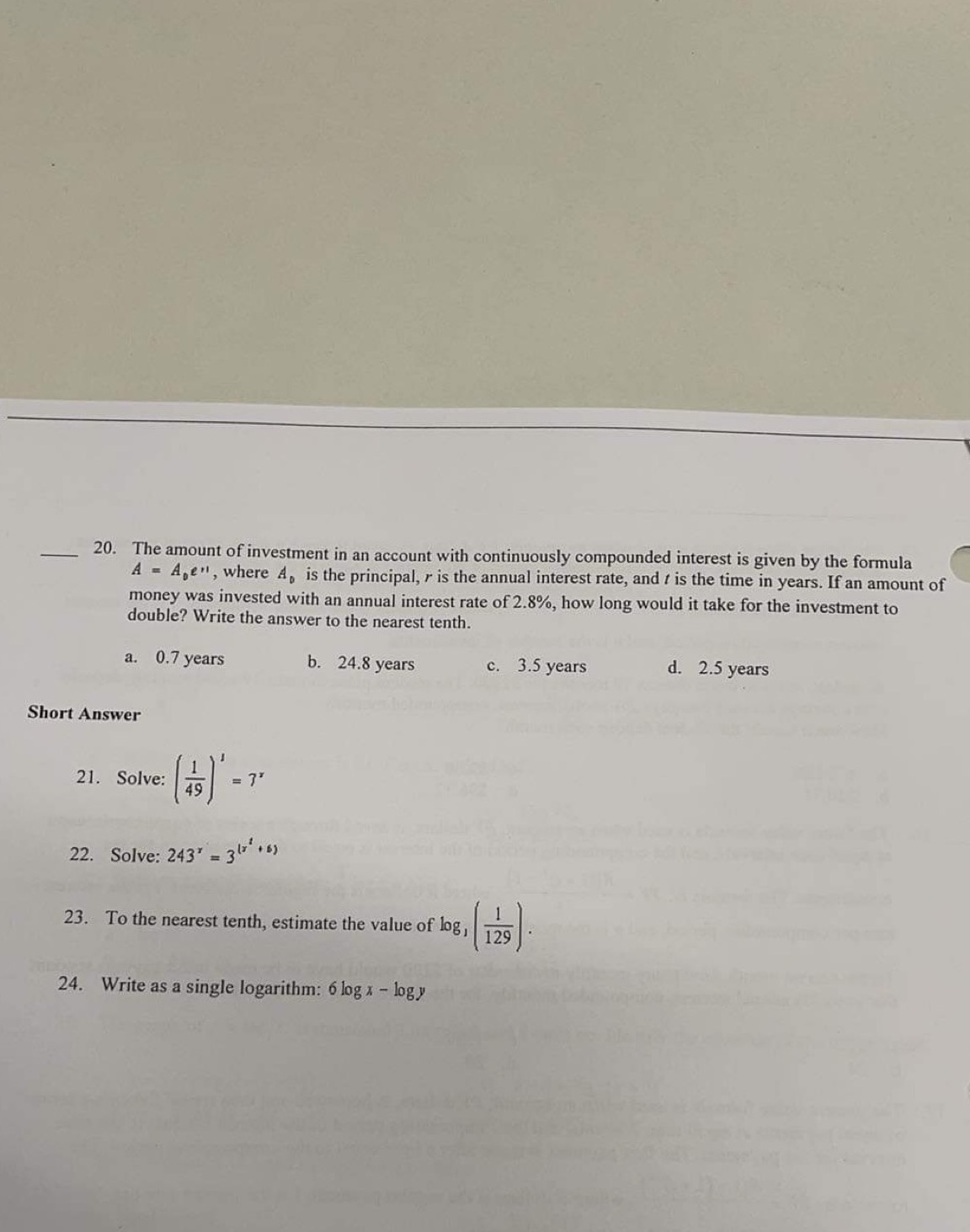 20. The amount of investment in an account with